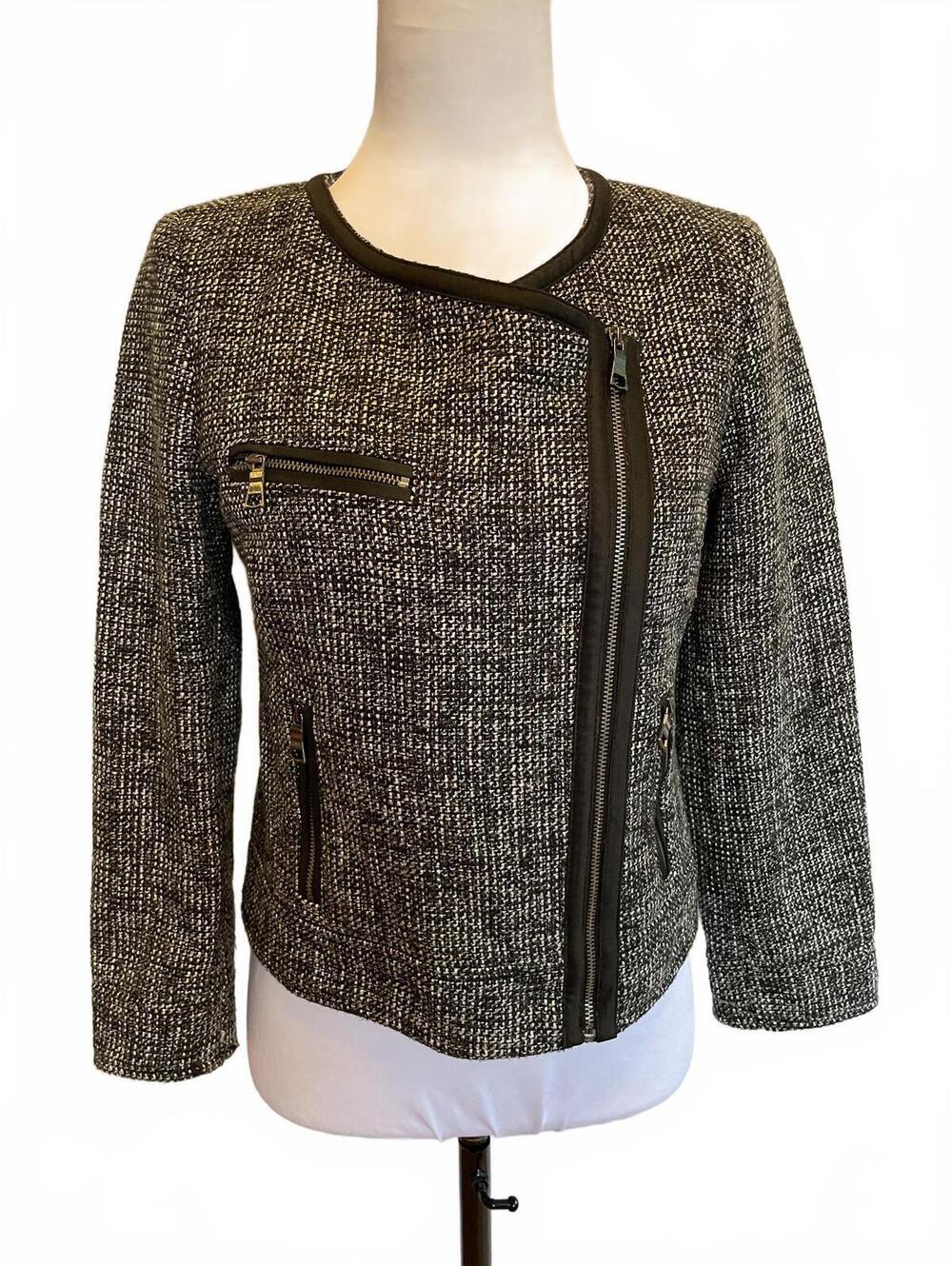 Banana Republic Tweed Moto Jacket Petite 4P Black White Asymmetrical Zip